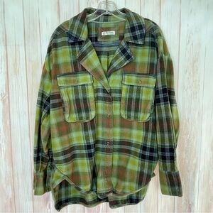 Free People Green Plaid Button-Up Oversized Shirt Jacket (S)